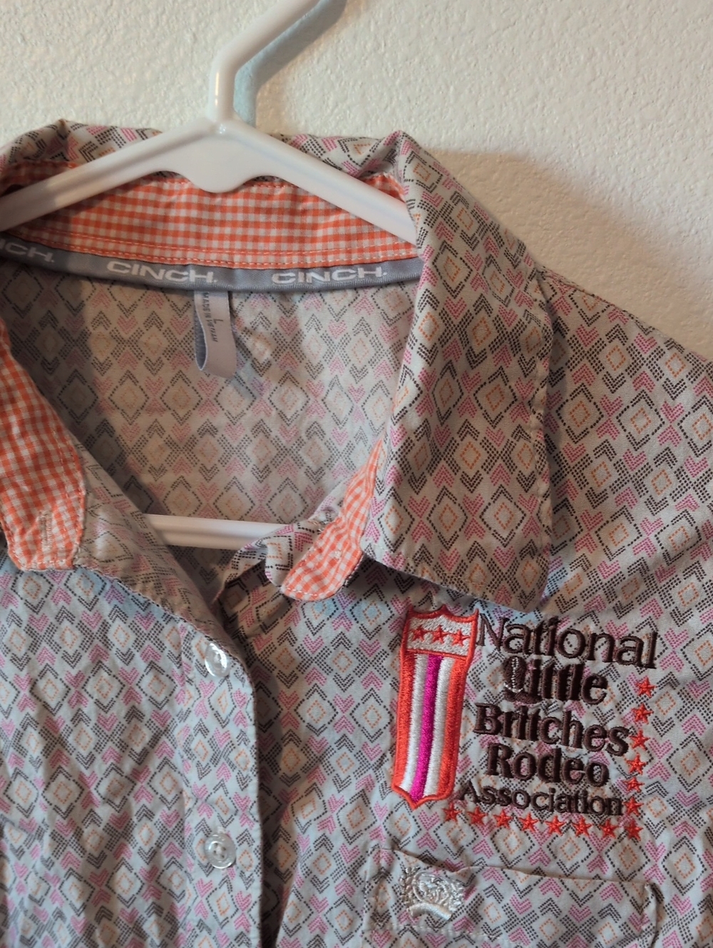 Cinch Girls Button-Down Shirt in Light Gray with Pink and Orange Accents